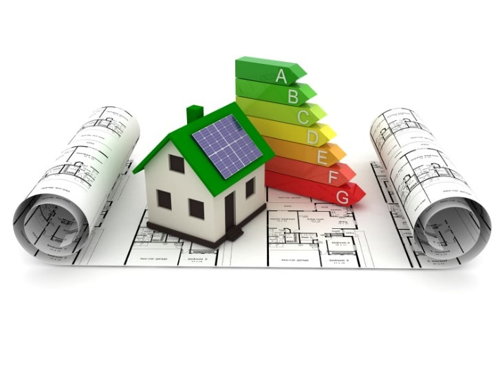 A site plan with a house and energy rating scale on top showing how to improve energy efficiency of new builds